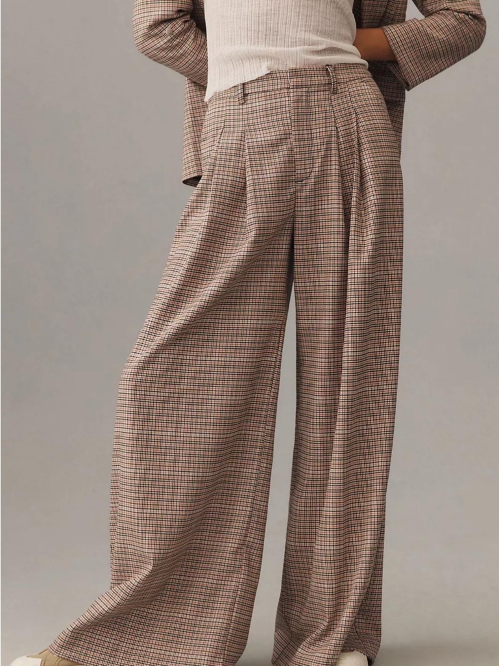 Anthropologie Wide-Leg Plaid Pants in Brown and Cream